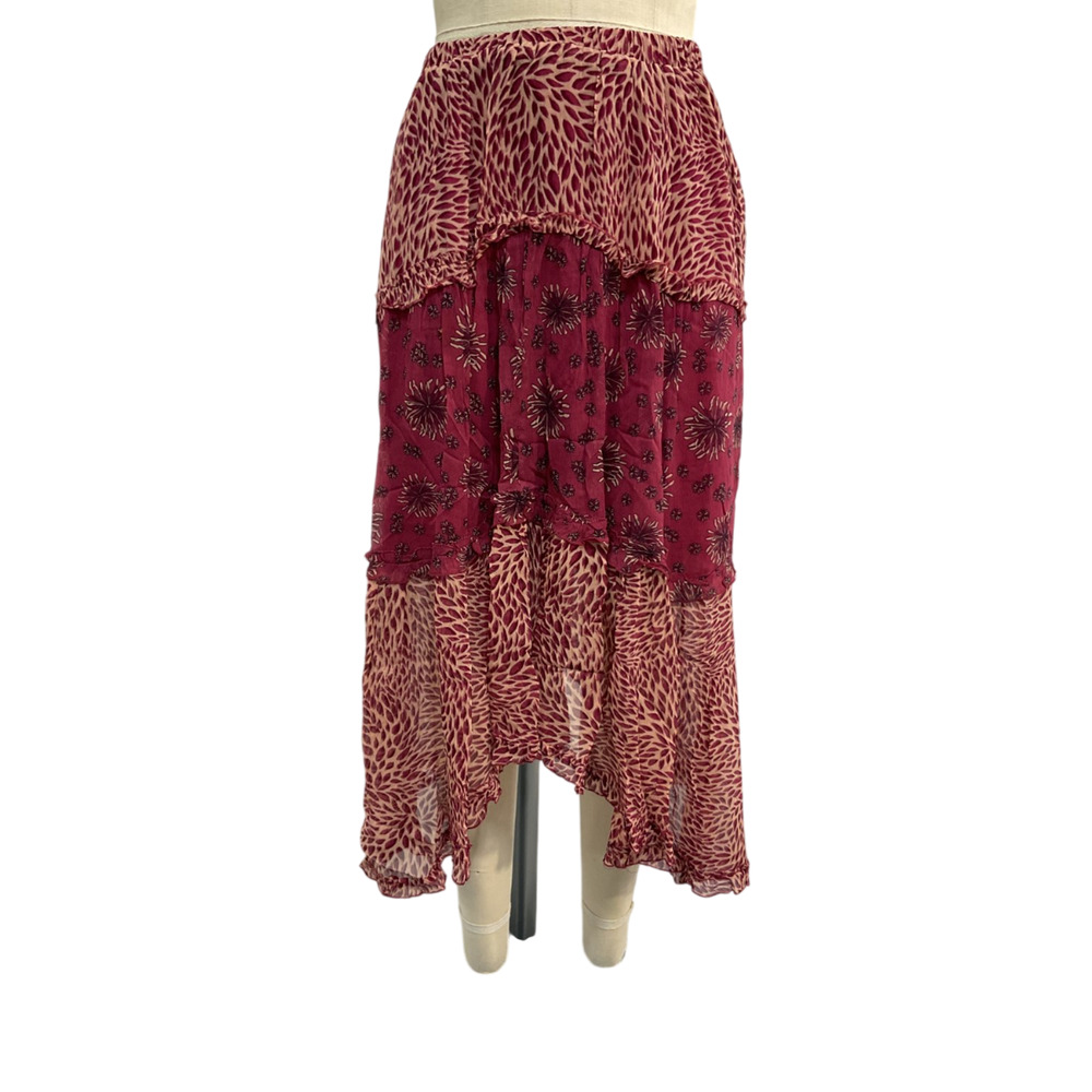 Ba&Sh Asymmetric Tiered Printed Burgundy Gapi Midi Skirt Size 1 - Picture 2 of 6
